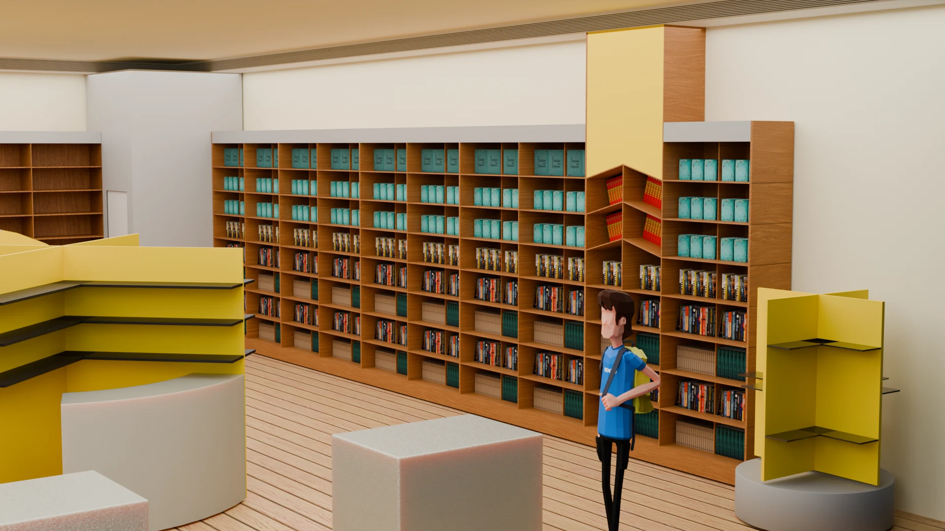 Perimeter shelving and central display · original render