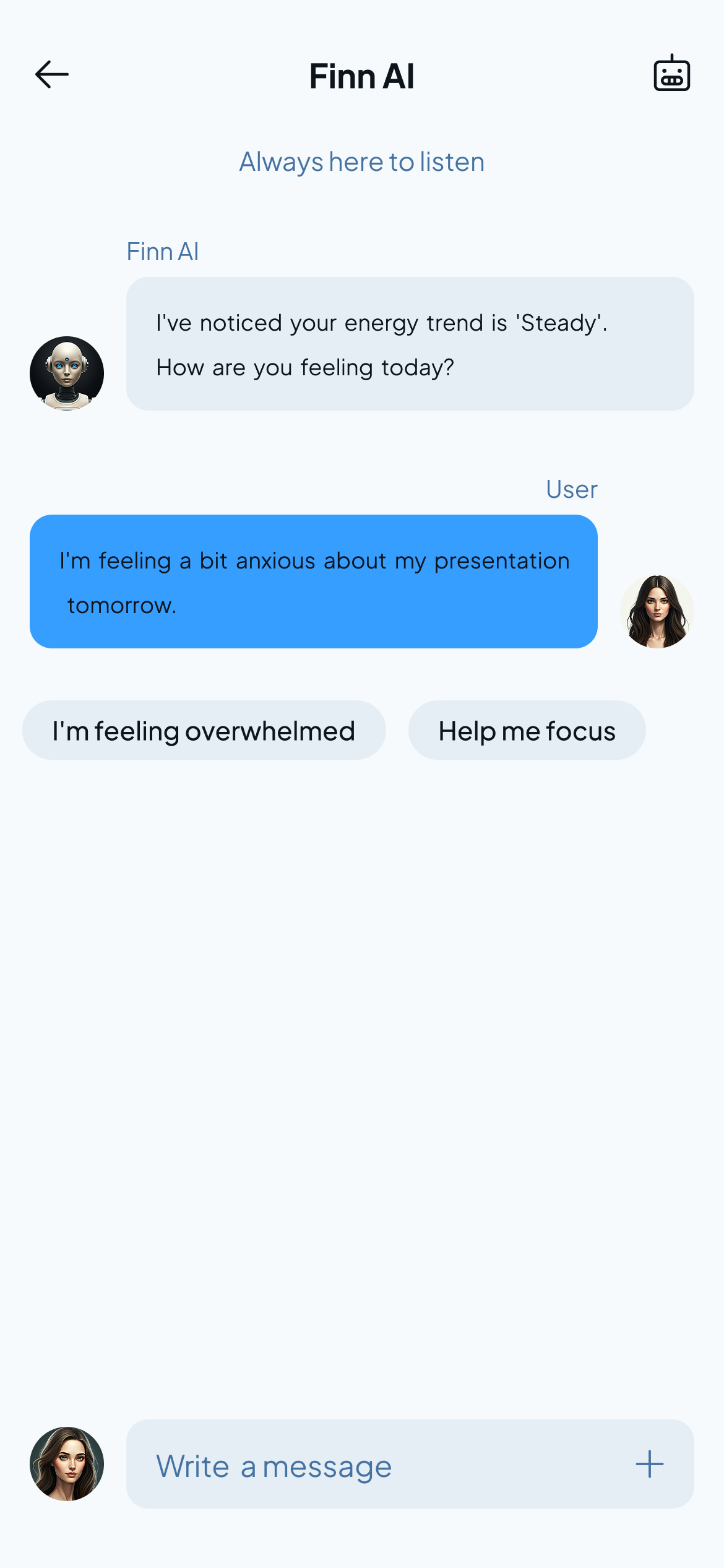 MindEase Finn AI chat screen