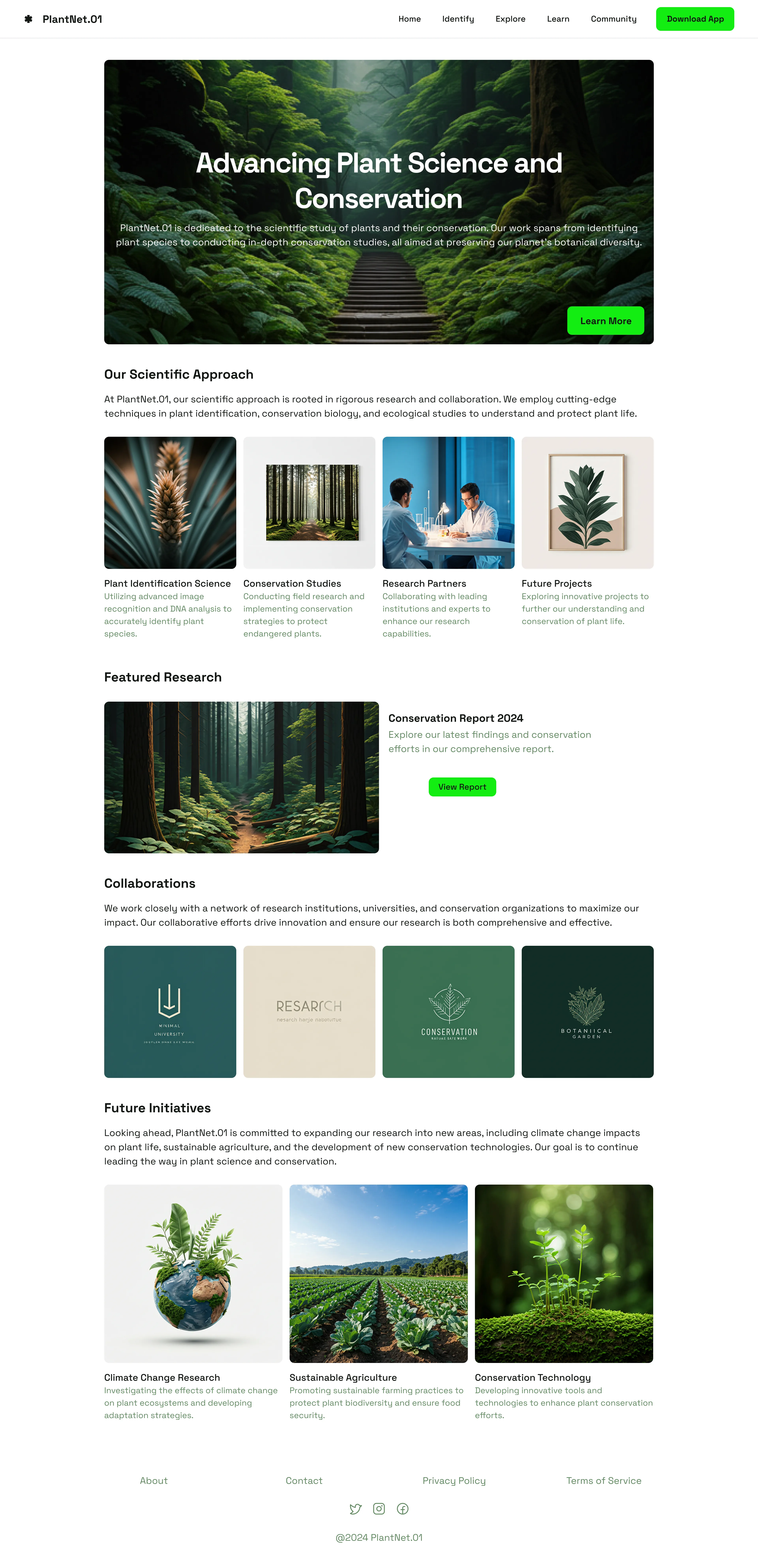 PlantNet website dashboard and content sections