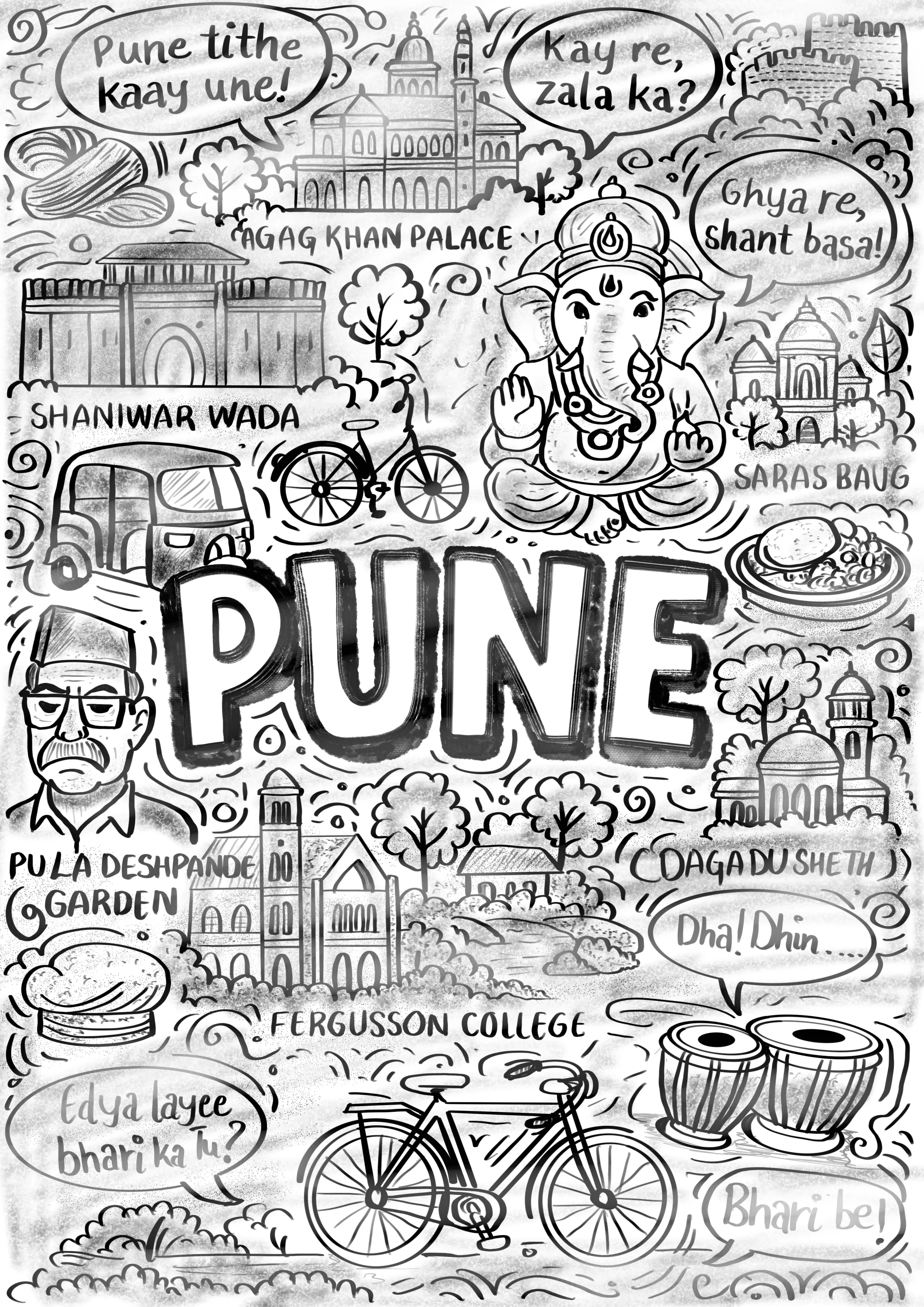 Black and white Pune culture illustration