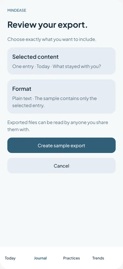 MindEase — reviewing the scope of an export