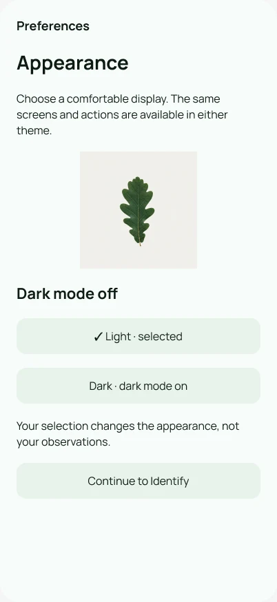 PlantNet Appearance — dark mode off